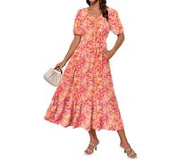 Damen Elegant Sommerkleid Kurzarm Midikleid A Linien V-Ausschnitt Blumenkleid Hochzeitsgast Kleid Orangen Blumen M
