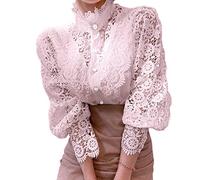 Damen Elegant Spitzenbesatz Hemden Casual Viktorianische Bluse Langarm Button Down Tops, Rose, X-Groß