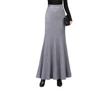 Damen Elegant Strickrock Hohe Taille Lang Rock Bleistiftrock Winterrock Vintage Maxi Röcke Faltenrock Grau Skirt XL
