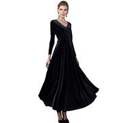 Damen Elegant V-Ausschnitt Langarm Samt Maxi Kleider Party A Linie Lang Abendkleider (L, Schwarz)