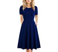 Damen Elegant Vintage 50er Jahre Büro Casual Blumendruck Arbeit Party A-Linie Swing Kleid mit Taschen 162, Königsblau, Groß