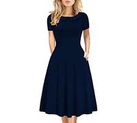 Damen Elegant Vintage Baumwolle Casual Blumendruck Arbeit Party Peter Pan Kragen A-Linie Kleid mit Taschen 978, Marineblau, X-Groß