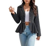 Damen - elegante Anzugjacke für Büro, Schößchen, aus Jacquard, floral, mit Doppelknopfverschluss, Strickmantel, Schwarz, L