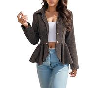 Damen - elegante Anzugjacke für Büro, Schößchen, aus Jacquard, floral, mit Doppelknopfverschluss, Strickmantel, kaki, XL