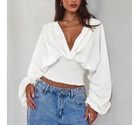 Damen elegante Bluse mit gerafften Fledermausärmeln, geraffter Taille und strukturiertem Stoff, langärmlig