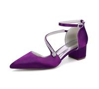 Damen Elegante Brautschuhe Spitze Niedrige Absatz Satin Chunky Heel Partei Abendschuhe Bequeme Hochzeitspumps 4.5Cm,Dark Purple,43 EU