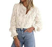 Damen Elegante Casual Spitzenbluse Langarm Button Up Shirts Tops Herbst Mode Kleidung(Beige,M)