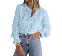 Damen Elegante Casual Spitzenbluse Langarm Button Up Shirts Tops Herbst Mode Kleidung(Blue,S)