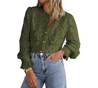 Damen Elegante Casual Spitzenbluse Langarm Button Up Shirts Tops Herbst Mode Kleidung(Green,M)