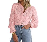 Damen Elegante Casual Spitzenbluse Langarm Button Up Shirts Tops Herbst Mode Kleidung(Pink,L)