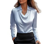 Damen Elegante Cowl Neck Satin Bluse Langarm Büro Arbeit Shirt Seide Top (Blau,L)
