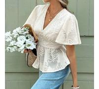 Damen elegante Cutout Rüschen Saum einfarbige kurzärmelige Chiffon Casual Bluse, Urlaubsstil, Jacquard strukturierte Babydoll, romantische Jacquard Bl