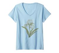 Damen Elegante Iris Blume Botanical Line Art Zeichnung T-Shirt mit V-Ausschnitt