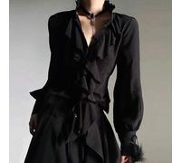 Damen elegante Pendler-Hemdbluse mit Kragen, langärmlig, einfarbiger Webstoff, Knopfverschluss mit Rüschen/Volants, geeignet für Büro, Alltag, Flughaf