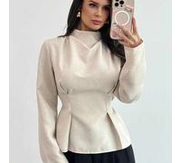Damen elegante Pendler- & Lässig Vintage Bambus-Textur Stehkragen Langarm Raffung Taille Plissee Design Regular Fit Bluse, Herbst/Winter Neue Damen Bl