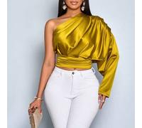 Damen elegante Satin-Bluse mit einem Schulterausschnitt und Raffungen, Langarm-Oberteil für Frauen im Herbst