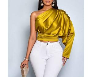 Damen elegante Satin-Bluse mit einem Schulterausschnitt und Raffungen, Langarm-Oberteil für Frauen im Herbst