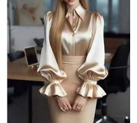 Damen elegante, vielseitige Pendler-Satinbluse, hautfreundlicher, weicher, seidiger Satinstoff, Kragen und Puffärmel Design Top - 100% Polyester, masc