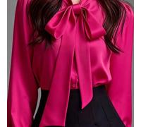 Damen elegante weiße Satin Langarm Lässig Bluse, vielseitige Pendler Bluse mit Schleifenkragen - einfarbig geeignet für alle Jahreszeiten, maschinenwa