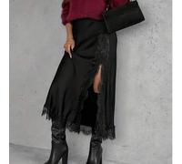 Damen eleganter einfarbiger Satinrock mit Spitzenbesatz, modischer und vielseitiger Rock mit Schlitz vorne, Schwarz Frühling
