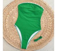 Damen eleganter, lässiger Bandeau-Badeanzug mit abnehmbaren Trägern, strukturierter Stoff mit modischem Kontrastfarbdesign, geeignet für Sommerurlaub