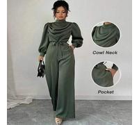 Damen eleganter Pendler-Minimalist-Jumpsuit mit olivgrünem glänzendem Kragen, Schleife, Taillenzug, Taschen-Design, Puffärmeln, langem Arm und schlank