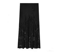 Damen eleganter Satinrock mit Spitzeneinsätzen und hoher Taille mit Schlitz, schwarz, Sommer