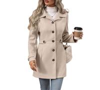 Damen Eleganter Wollmantel Einreihig Mittellang mit Reverskragen und Gürtel Herbst Winter Mode Büro Wolljacke XL Beige