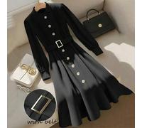 Damen elegantes A-Linien Midi-Kleid mit Rundhalsausschnitt und Raffung vorne, tailliert, lässige Pendler-Mode, langärmlig in Grün