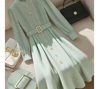 Damen elegantes A-Linien Midi-Kleid mit Rundhalsausschnitt und Raffung vorne, tailliert, lässige Pendlermode, langärmlig in Grün