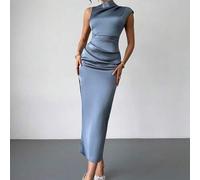 Damen elegantes asymmetrisches Rüschen-Kurzarm-Satinkleid, geeignet für Frühling/Sommer, Büro, Stadt, Partys, Hochzeiten, Gäste, Dates, Urlaub