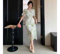 Damen elegantes Blumen-Spitzen-Kleid mit rundem Ausschnitt in Midi-Länge, geeignet für Frühlings- und Sommerkleider für Frauen