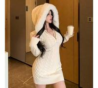 Damen elegantes einfarbiges Kapuzen-Fransen-Strickkleid, Herbst/Winter