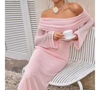 Damen elegantes einfarbiges strukturiertes Kleid mit Off-Shoulder Glockenärmel