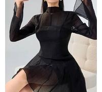 Damen elegantes einfarbiges transparentes Kleid mit Kontrastmesh und Puffärmeln, plissiertes Minikleid