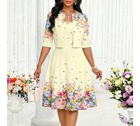 Damen elegantes gelbes Blumenkleid im Skaterrock-Stil mit passendem Jackett, Frühling Sommer Casual Stil