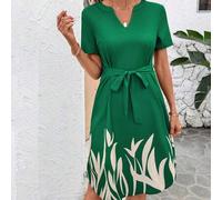 Damen elegantes, grün-florales, locker fallendes Lässig-Sommerkleid mit V-Ausschnitt (mit Gürtel), Damen Sommerkleid, St. Patrick's Day Kleid, Damen F
