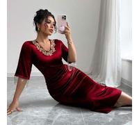 Damen elegantes körperbetontes Midi-Kleid mit V-Ausschnitt und Kurzarm, Spitze, Quastenmanschetten, Twill, Satin, Party, Luxus, Lässig, Arabisch