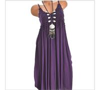 Damen Elegantes, lässiges, ärmelloses Sommerkleid mit Rundhalsausschnitt, Punktdruck, lila Spitze, langes Kleid, lässiges Boho-Maxi-Sommerkleid, langes Swing-Strandkleid mit Spaghettiträgern, Weiß, 4Xl