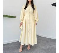 Damen elegantes langärmliges, einfachreihiges Casual Kleid, Einfarbig, Webstoff Frühling