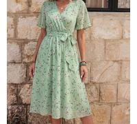 Damen elegantes Midi-Kleid mit kleinen Blumen, Sommerkleid, Hemdblusenkleid für Frauen