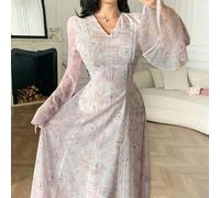 Damen elegantes Spitzen-Blumenprint Volantärmel Midi-Kleid, Herbst