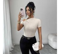 Damen elegantes strukturiertes glänzendes Stoff Off-Shoulder Bodycon T-Shirt, Apricot Farbe, geeignet für Ausflüge und Dates, Frühling/Sommer