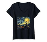 Damen Elf Sitting On Roof Van Gogh Style Starry Night Christmas T-Shirt mit V-Ausschnitt