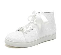 Damen Elfenbeinfarbene Spitze Hochzeit Ballerinas Geschlossene Runde Zehen Braut Sneakers Schnür-Tennisschuhe Mit Seitlichem Reißverschluss,Weiß,39 EU