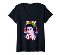 Damen Elizabeth Portrait Pop Art Union Jack Flagge Queen of England T-Shirt mit V-Ausschnitt