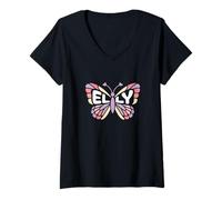 Damen Elly Butterfly - Personalisierte süße Namens-Wortkunst T-Shirt mit V-Ausschnitt