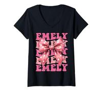 Damen Emely Name Kokette Schleife Ästhetik für Frauen Mädchen T-Shirt mit V-Ausschnitt