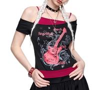 Damen Emo Grunge T-Shirts - Vintage Y2K Fake 2 Stück Gitarre Grafik Baby Tee Gothic Ästhetisch Kurzarm Schulterfrei Crop Top Alt Streetwear Punk Sommer Harajuku, rot, XL