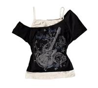 Damen Emo Grunge T-Shirts - Vintage Y2K Fake 2-teiliges Gitarren-Grafik-Baby-T-Shirt Gothic Ästhetik Kurzarm Off-Shoulder Crop-Top Alt Streetwear Punk Sommer Harajuku, Schwarz , M